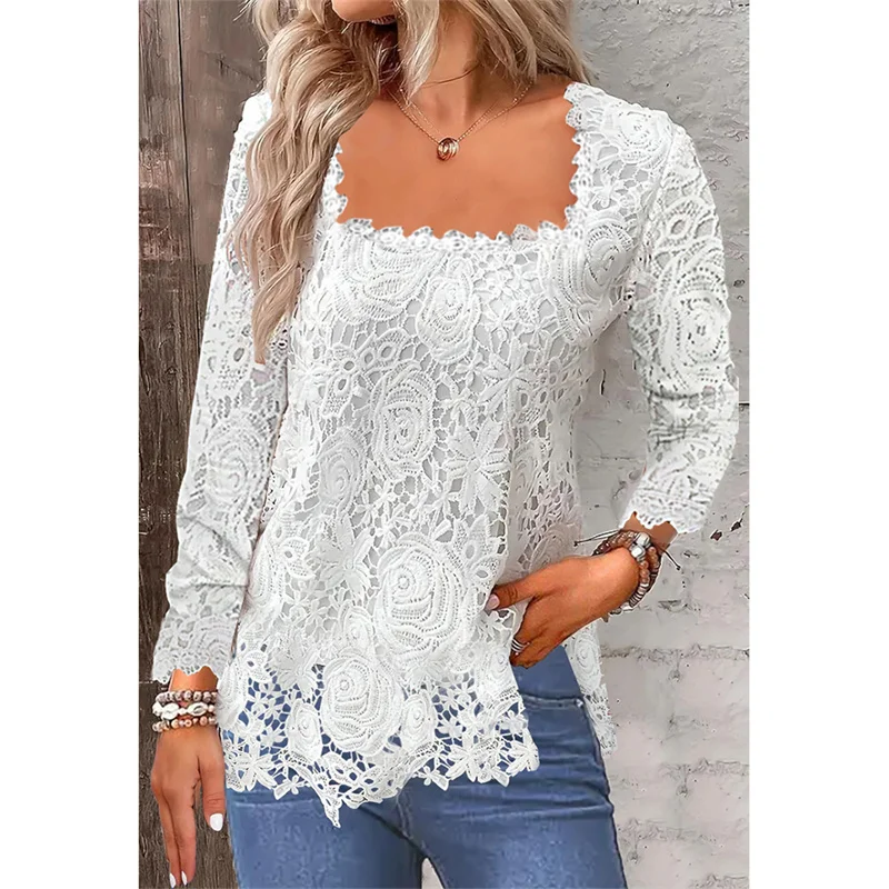 Women Square Neck Lace Shirt Autumn Winter Comfortable Casual Commuter Pullover Blouse Elegant Female Solid Color Bottoming Tops