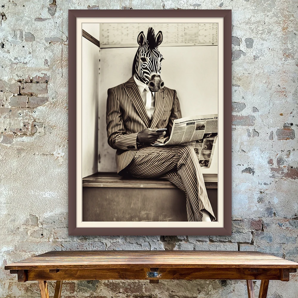 Nordic Zebra Read Newspaper Decoration Animals Head Poster Human Body Funny Canvas Paintings Retro Wall Art Home Room Decor