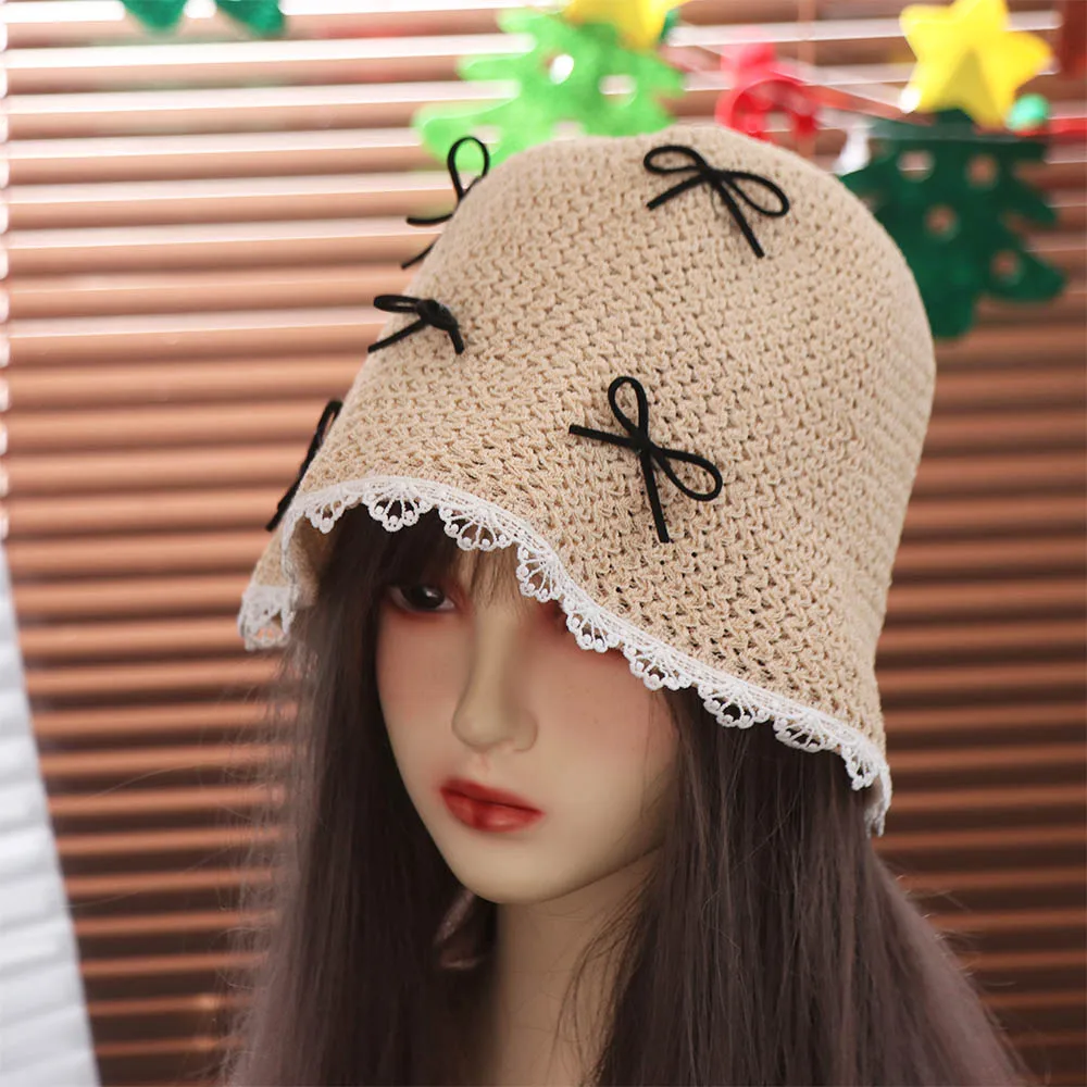 أنيقة مقوس دانتيل القش قبعة ظلة الشمس حماية واقية من الشمس صياد قبعة الكورية نمط قبعة بحافة المرأة قبعة الشمس النساء #1