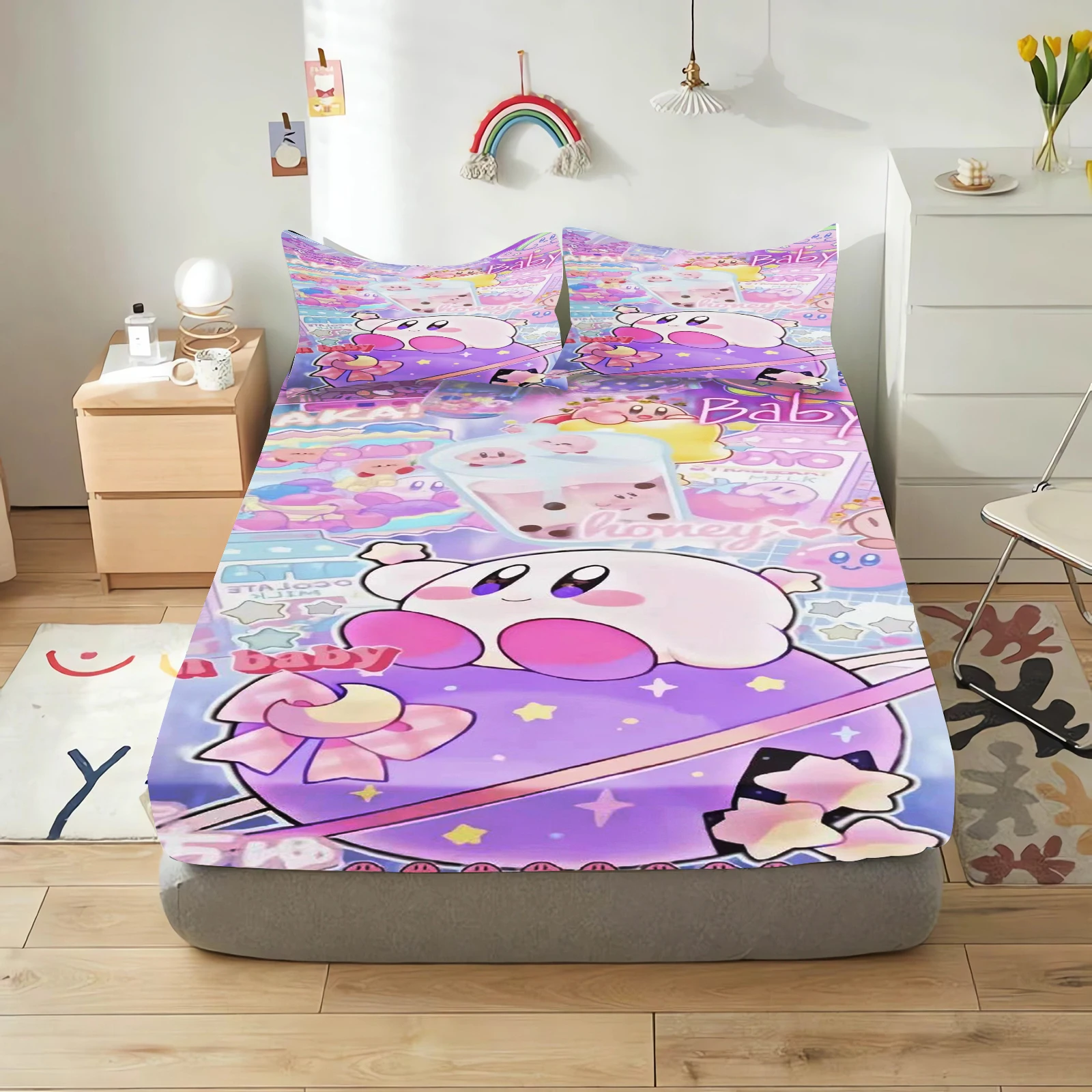 

Kirby Fitted Sheet Cute Children 100% Polyester Coverage Sheets Cartoon Cover Elastic Dream Digital Printing Bedding