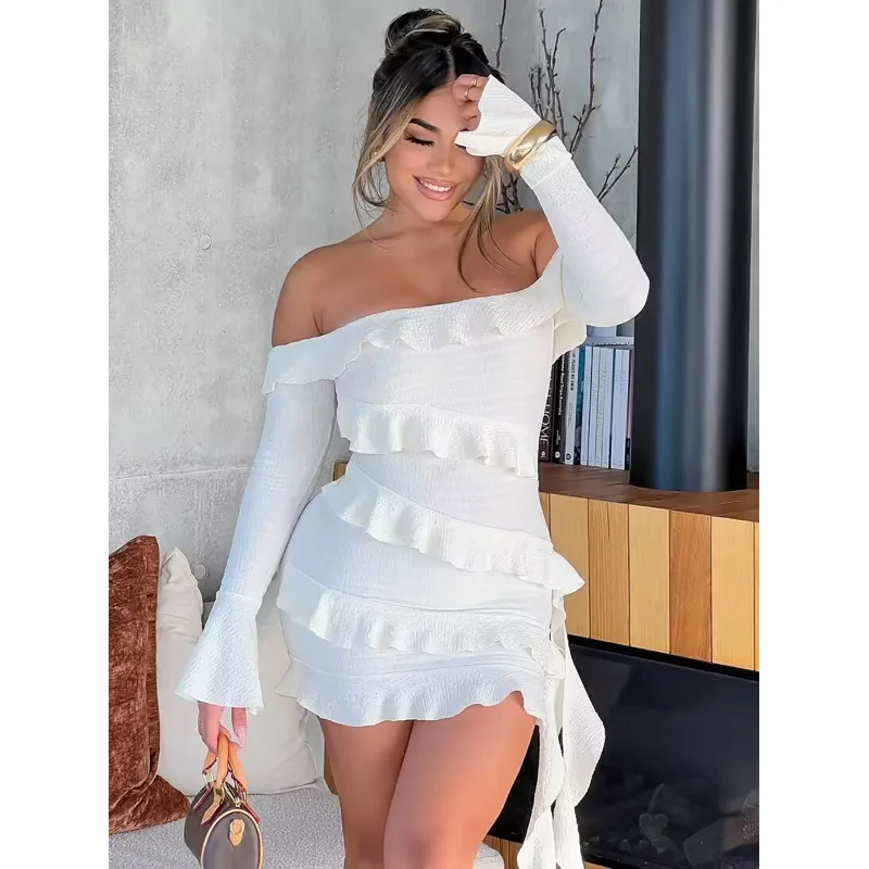 Women's Clothing2024New Fashion off-Neck Ruffled Bell Sleeve Ribbon All-Match Dress Women's Fashion