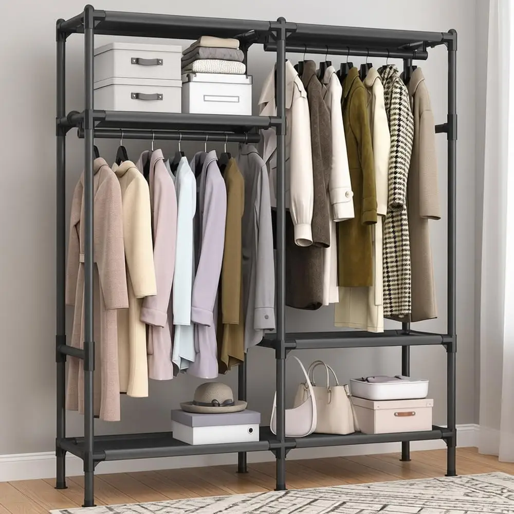 

65 Portable Heavy-Duty Clothes Rack with Hanging Rails and Shelves, 242 lb Capacity, Easy Assembly for Bedroom or Cloakroom, Bla