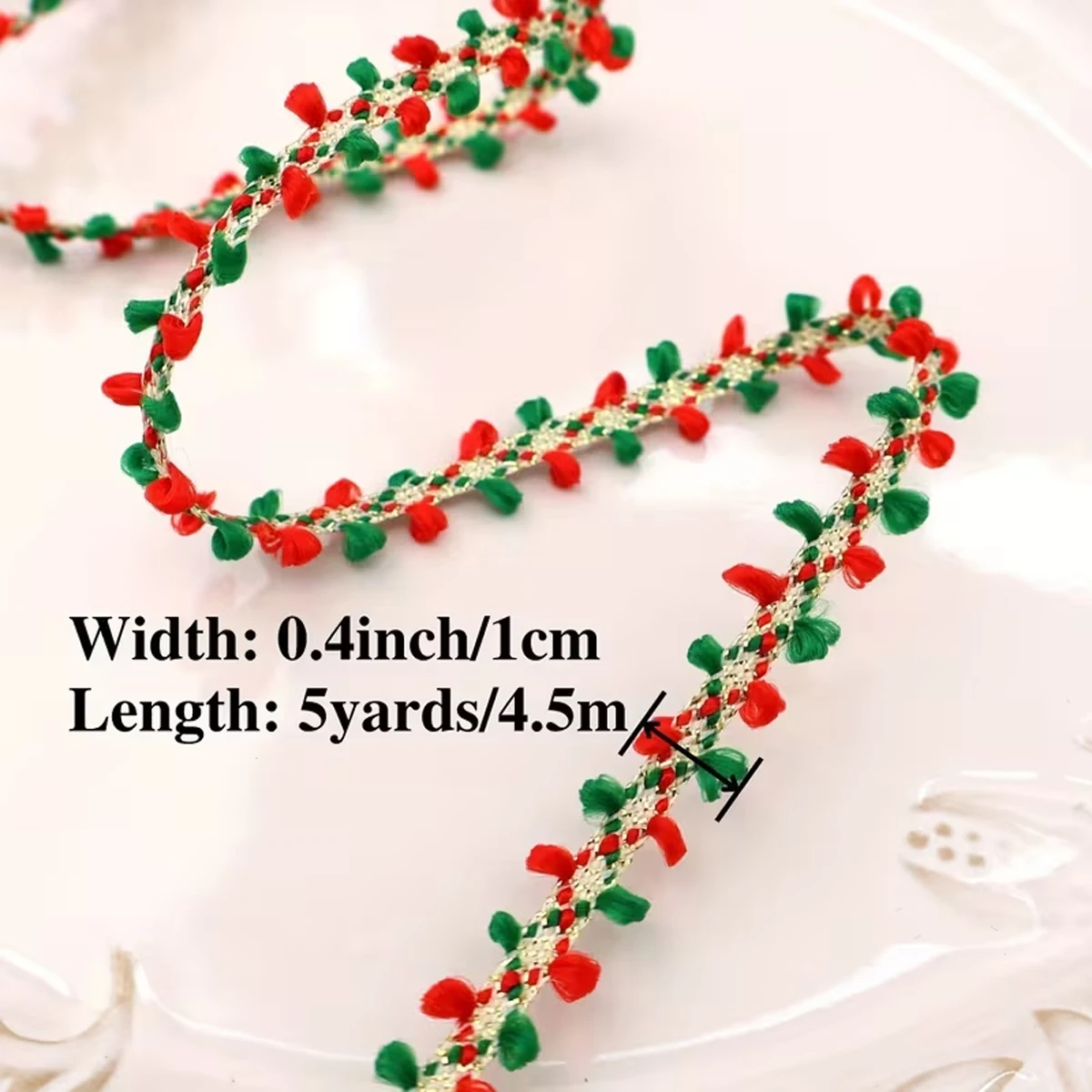 Red Green Pom Pom Ribbon - Christmas New Year Wedding Party Decor, Polyester Craft  for Gift Wrapping Floral DIY