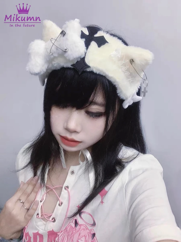 Gothic Lolita Cross Bone Plush Cat Ear Hairband Harajuku Kawaii Angel Wings Lace Headband Women Cosplay Anime Hair Accessories