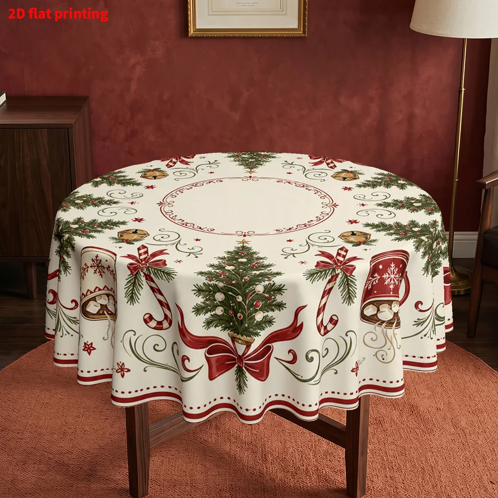 1-Piece Christmas round tablecloth, suitable for kitchen table covers, with holiday tree and mug print pattern,