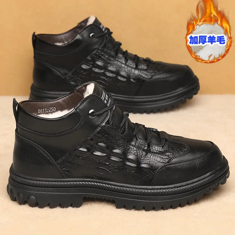 

Snow cotton shoes 2025 winter high top velvet leather shoes for middle-aged men thick winter shoes to keep warm in winter