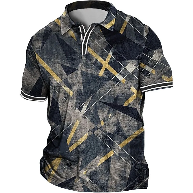 Geometrisches klassisches Poloshirt Herrenmode Kleidung Revers-Knopfhemd 3D-Karomuster bedrucktes Farbtop – Detail 3