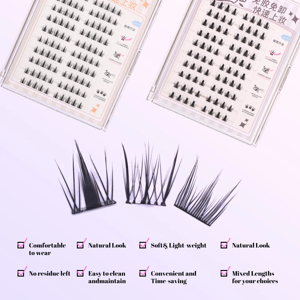 Ciglia finte senza colla, ciglia pigre principessa a coda di pesce, stelo trasparente naturale, grappoli 60/90/100 riutilizzati di grande capacità
