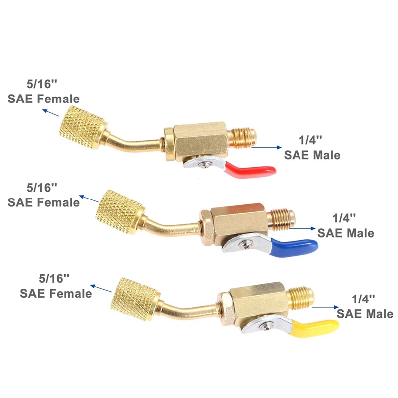R410A Angled Ball Valve 5/16Inch SAE Female To 1/4Inch SAE Male,Shut-Off Ball Valve Adapters,Fits For R134A R12 R22