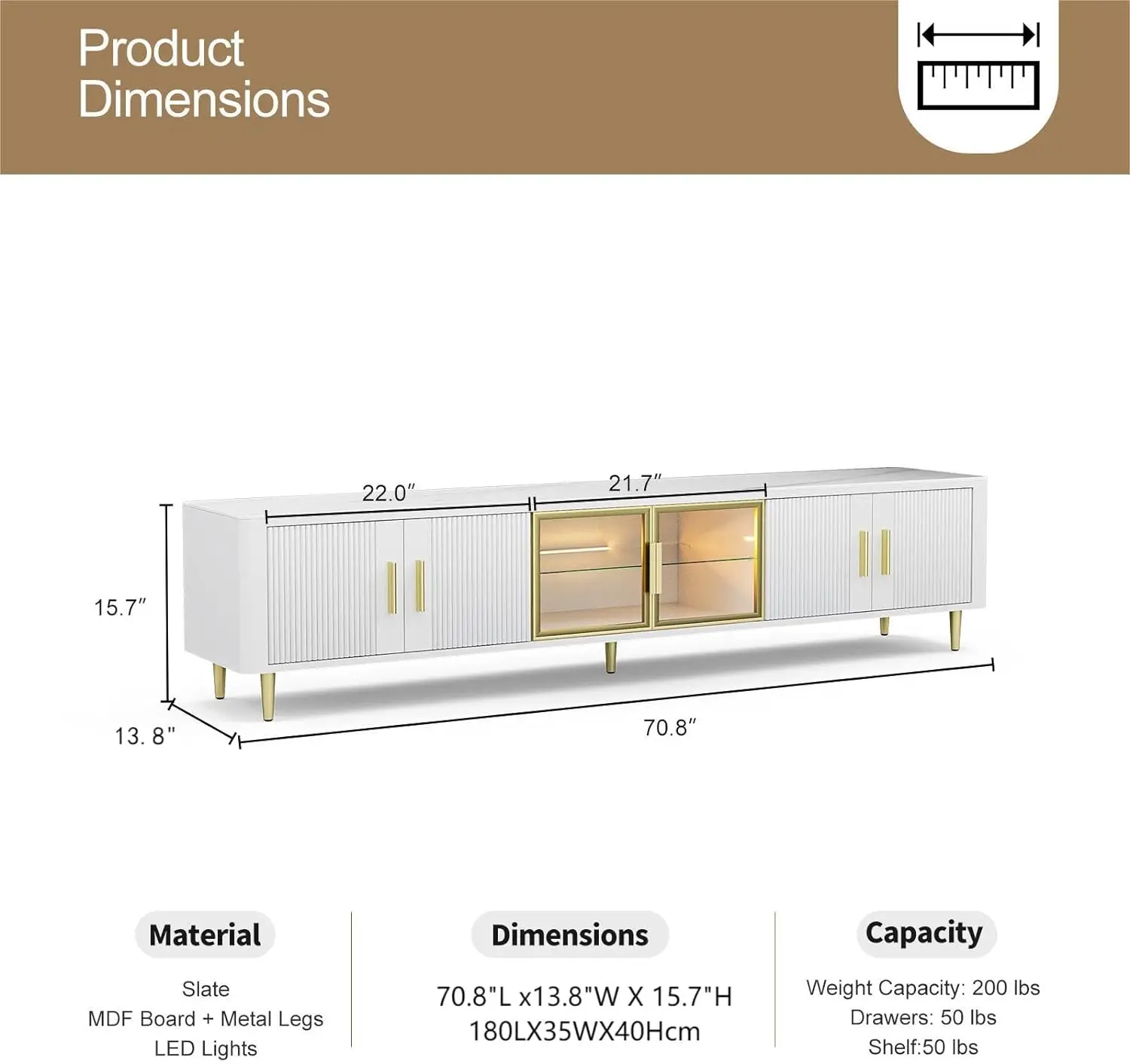 Modern TV Stand for 85+ inch TV,  LED Slate Entertainment Center with Glass Storage Cabinets and LED Lights for Living Room