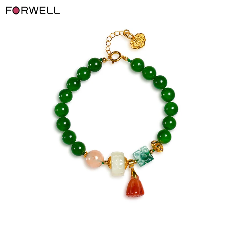 

FORWELL Women's Retro Jade Bracelet Pure Natural Stone Luxury Jewelry Hand String Beads High-Grade Gift for Mothers