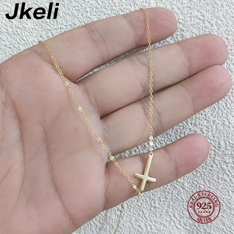 

Jkeli New S925 Sterling Silver Side Cross Necklace Asymmetrical Simple Premium Sense Choker Woman's Gift