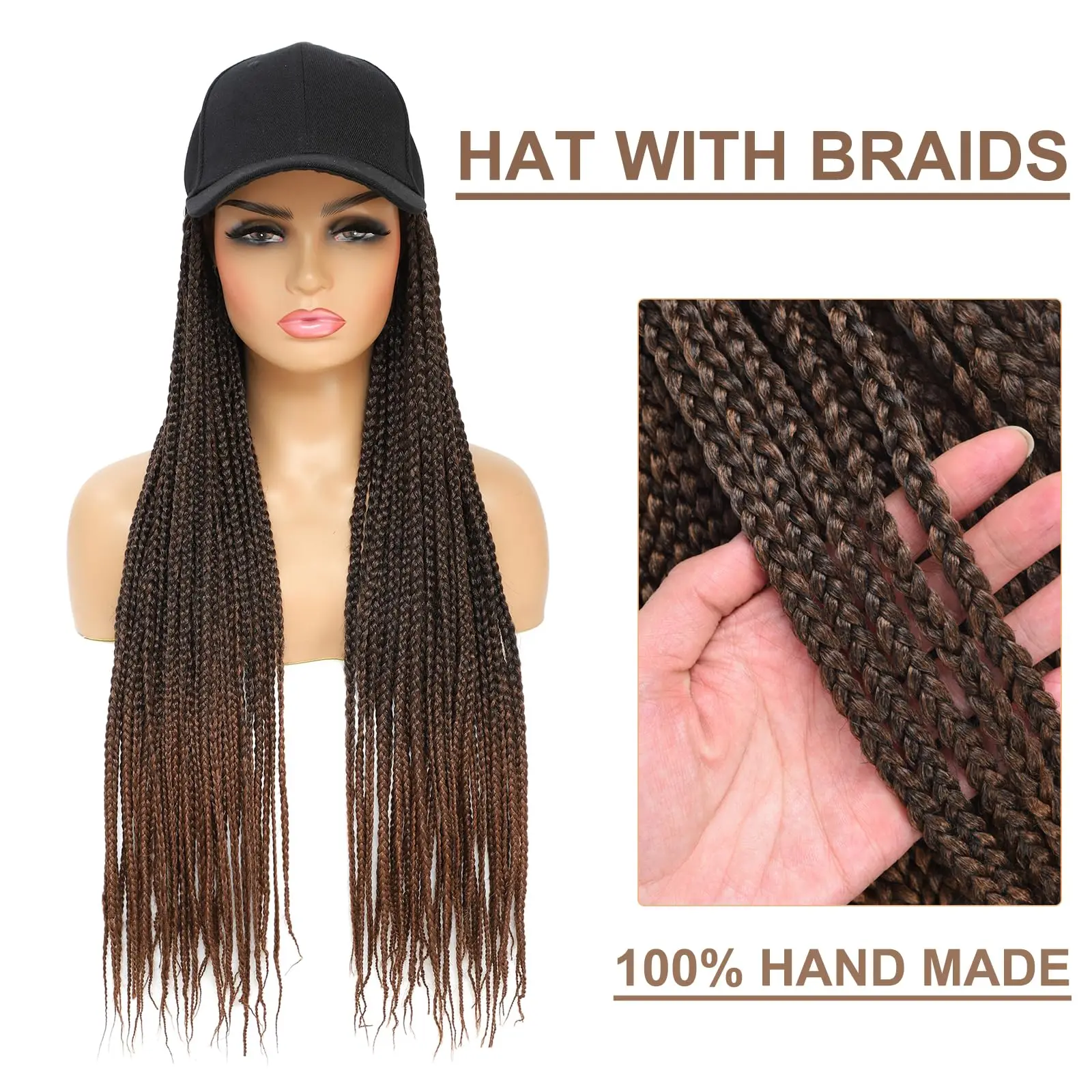 Hat Wig for Women Baseball Cap with Braided Hair Attached Synthetic Box Braid Wig Hat  Cap with ombre dark brown Braids view 2