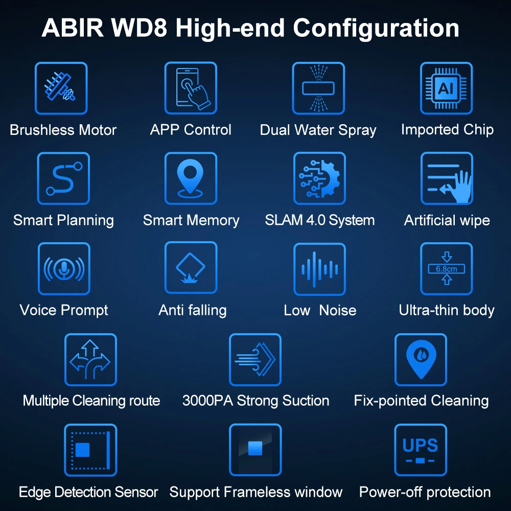 Robot Window Vacuum Cleaner ABIR WD8, Dual Water Spray, AI intelligent Wipping, Updated Laser,Smart Home Glass Wall Washing