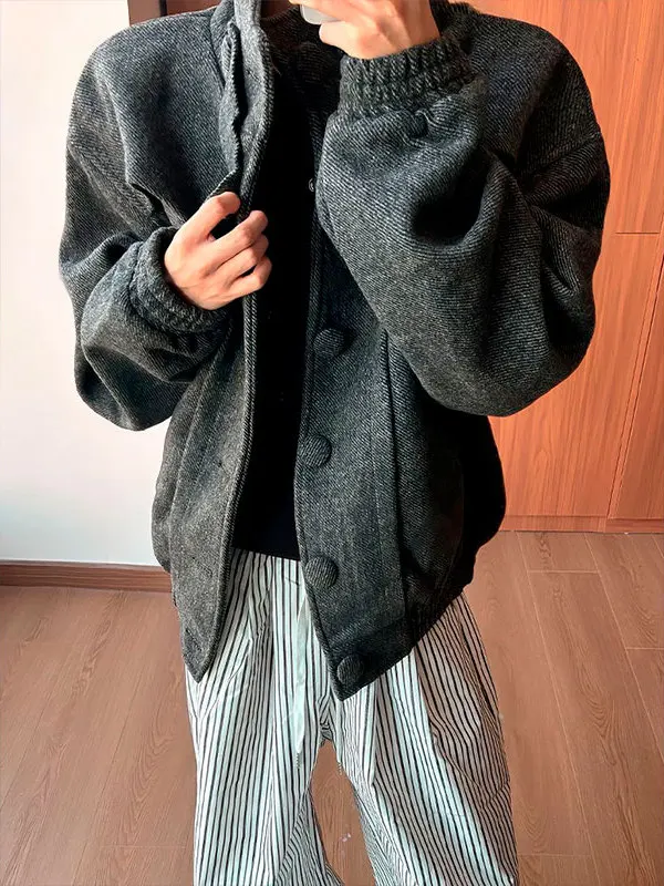 

Мужское шерстяное пальто в стиле ретро-американский пэчворк с воротником-стойкой, осенне-зимнее, повседневное, свободного кроя