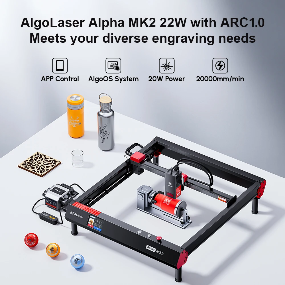 AlgoLaser Alpha MK2 20W Laser Engraver 4-in-1 Rotary Roller Kit for Glass Tumbler Ring 3.5