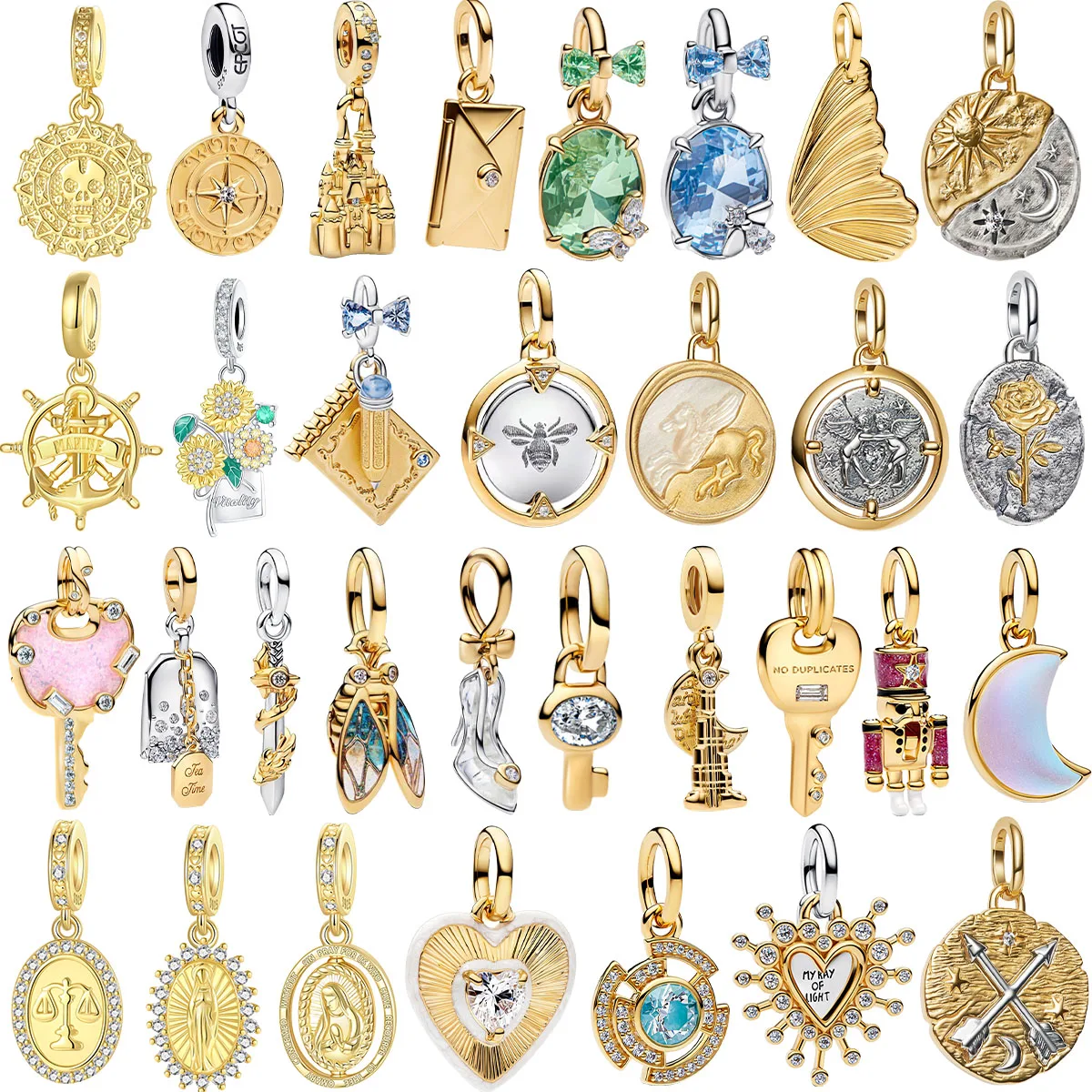 Oferta Imperdível: Berloques Originais de Prata Esterlina 925 - Chave Dourada, Coração e Círculo - Contas e Pingentes para Pulseiras e Colares - Presente de Joias DIY