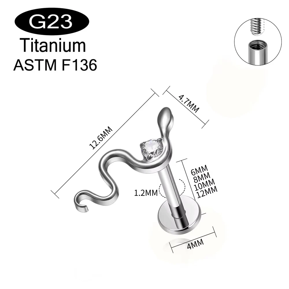 1PC ASTM F136 Titanium White CZ Snack shape Labret Stud Cartilage Earrings Tragus Helix Conch Flat Ear Piercings