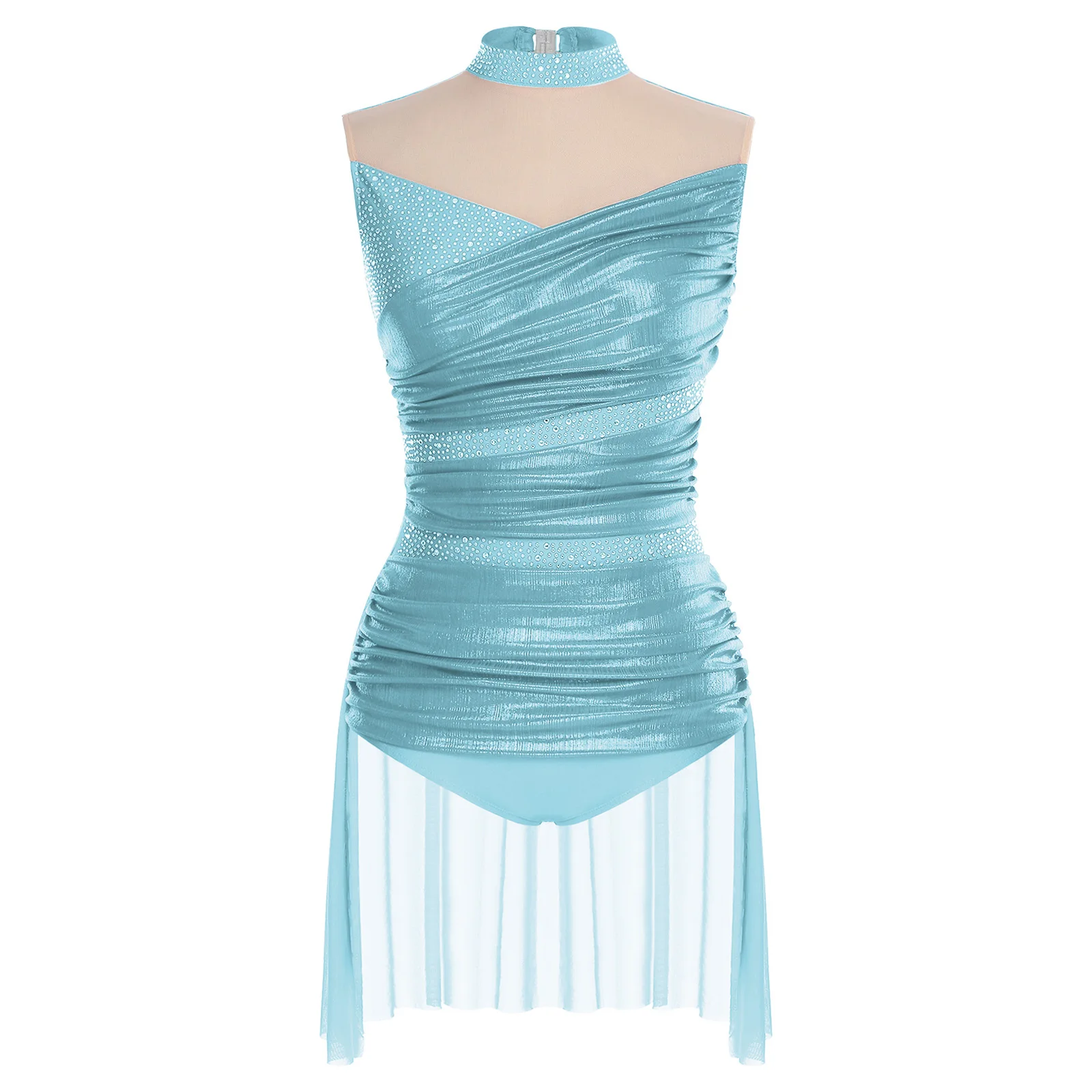 

Женский гимнастический балетный костюм для латинского лирического танца, художественное трико для фигурного катания, платье с лямкой на шее и стразами, боди, платье