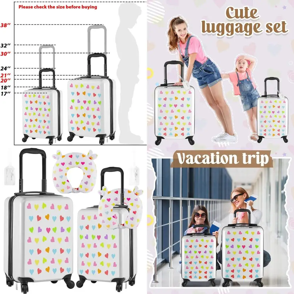 طقم أمتعة دوارة بيضاء للفتيات مكون من 3 قطع مع 18 و20 حافظة وتصميم قلب