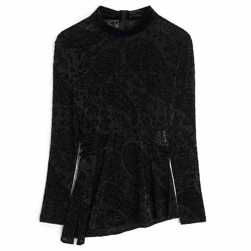 Top Cheongsam Sexy de encaje para primavera y otoño, blusa Qipao de manga larga con cuello mandarín, Tops chinos Vintage negros para mujer 10367 MN1 2024