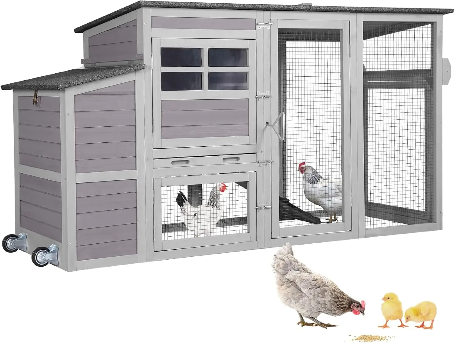 

Chicken Coop Mobile, Chicken House with Wheels, Wooden Hen House Poultry with Nest Box and Large Run -78in