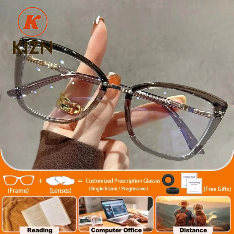 

KIZN Fashion Premium Cat Eye Customized Glasses Prescription Myopia Glasses Women Anti Blue Ray Progressive Christmas