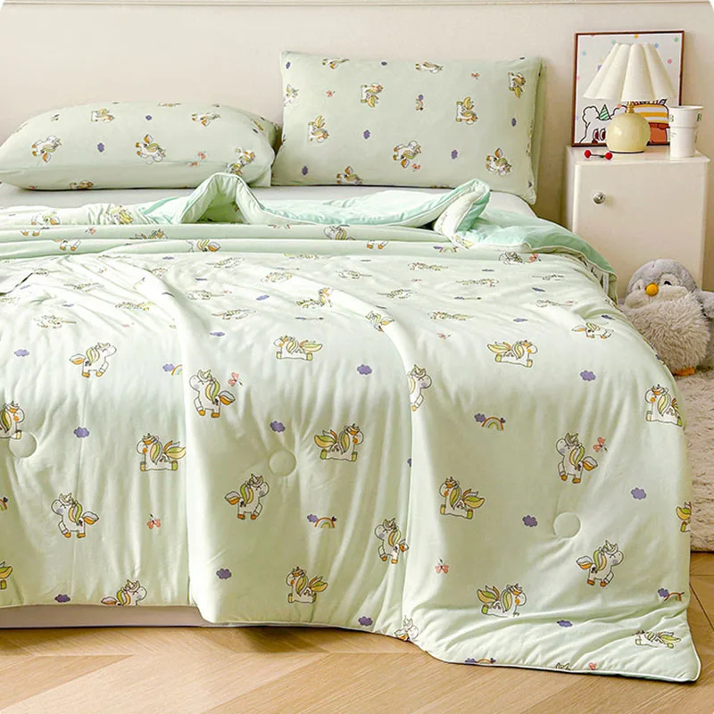 Cartoon Printed Ice Silky Cool Summer Quilt Soft Breathable Air Conditioning Quilts Lightweight Thin Comforter for Naked Sleep