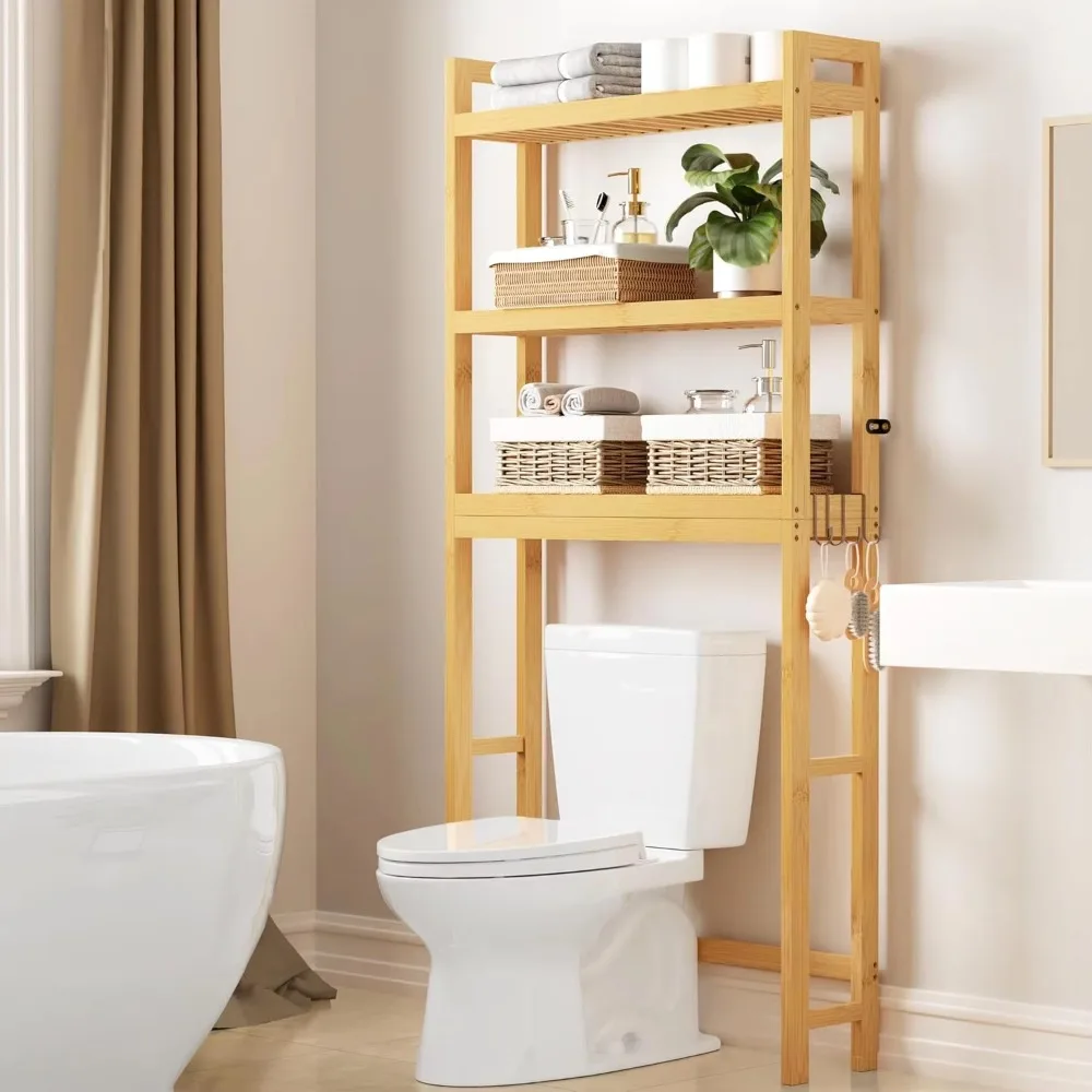 

Bamboo 3-Tier Over Toilet Bathroom Organizer,Adjustable Bathroom Shelf Stable Freestanding Storage Cabinet with 4 Hooks, Natural