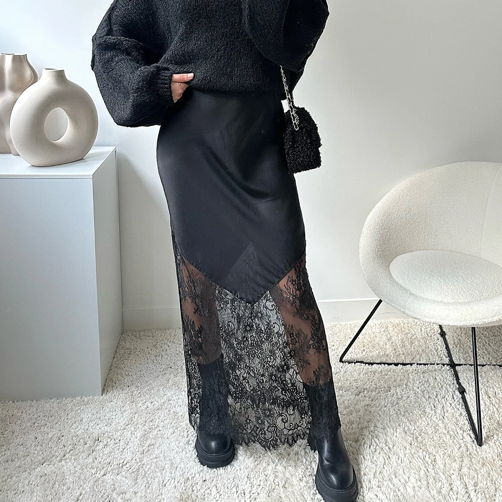 

Talenza Vintage Lace Skirts Women Brown Lace Patchwork See-Through Maxi Skirts Sexy High-Waisted Fitted Party Looks Female Skirt