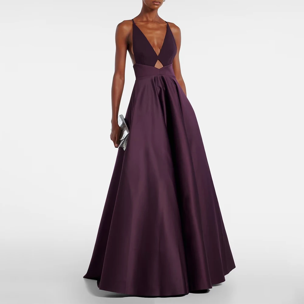 

Dream Purple Sexy Simple Evening Dress Satin for Floor-Length V-Neck Sleeveless Prom Dress A-line Robes De Soirée Customized