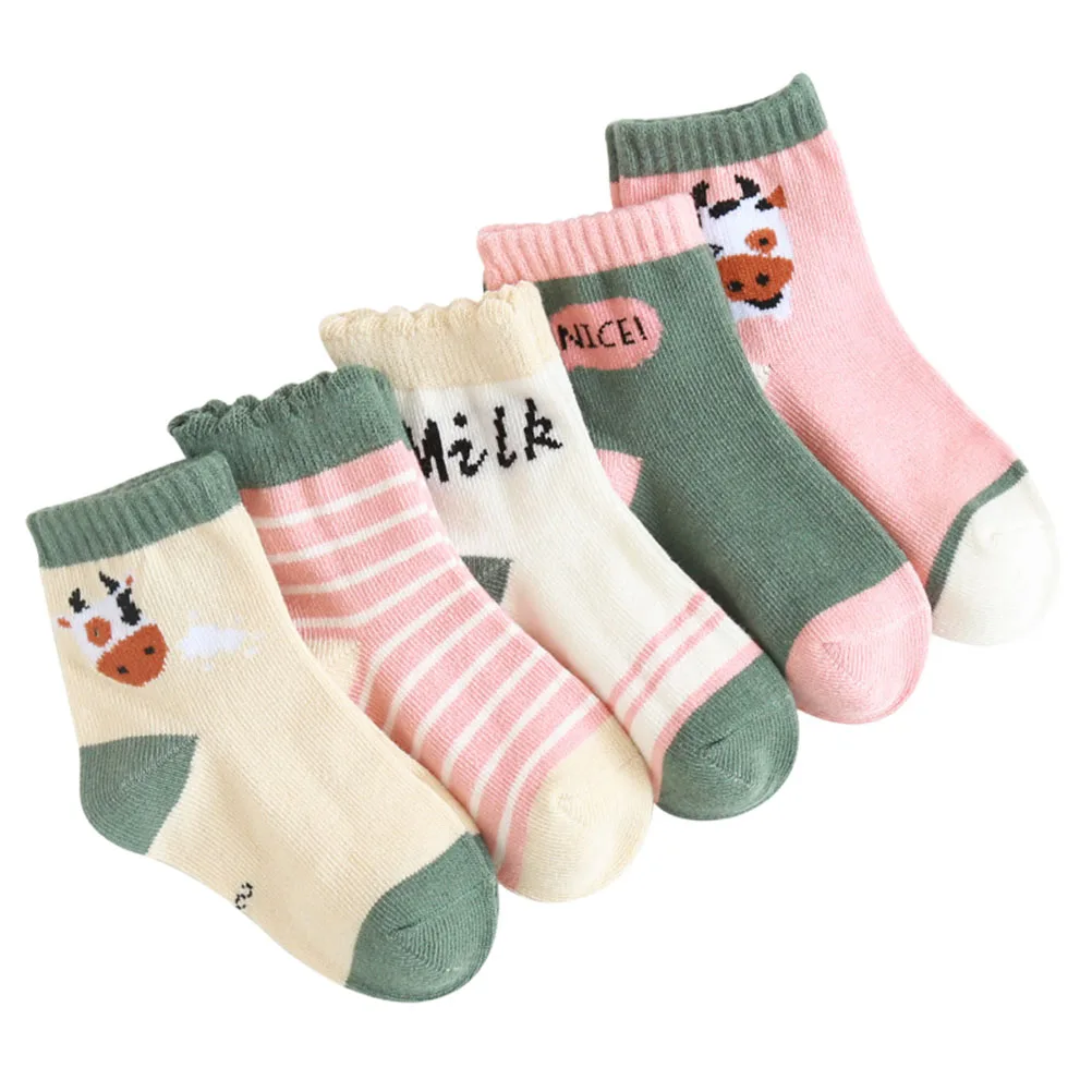 

5pcs Kids Cotton Socks 3-5 Years Pattern Knee High Stockings For Winter Autumn Non-Slip Breathable Warm Children