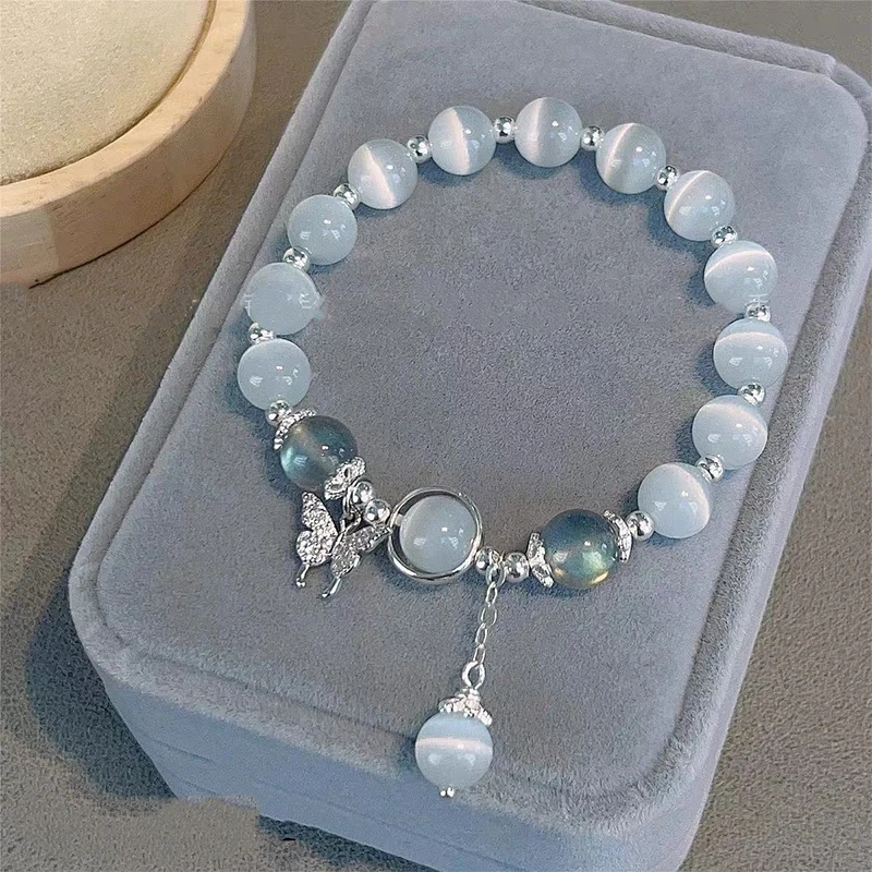 Korean Fashion Imitation Opal Bracelet Simple Ins Moonstone Crystal Bead Butterfly Pendant Bracelet Jewelry Gifts