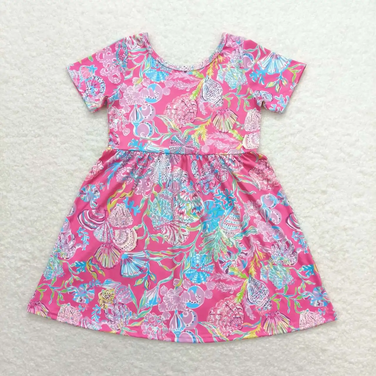 GSD1115  Bright Color Girls Dresses  Short Sleeves Top Seaweed Shell Rose Red Print With Skirt Children Clothes