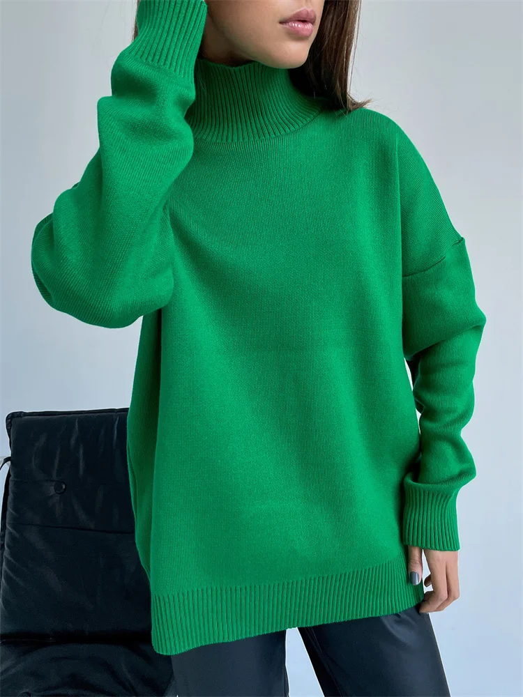 Women Knitted Turtleneck Loose Sweater Pullovers Tops Long Sleeve Female Jumper Autumn Winter Streetwear Thick Baggy Sweaters