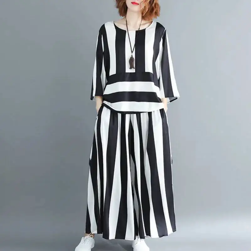 #2707 Vertrical Striped Two Piece Set Top And Pants Loose Korean Style Asymmetrical Shirt And Wide Leg Pants Women Half Sleeve