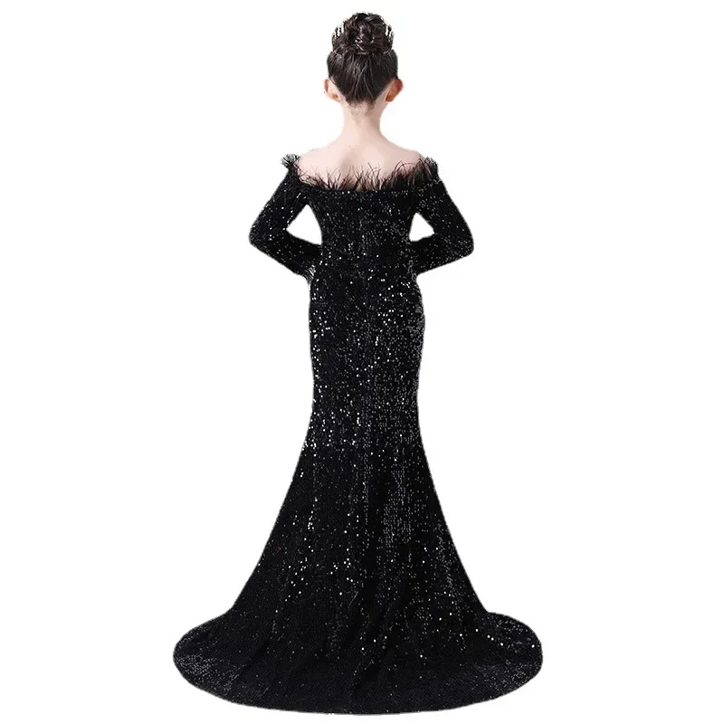 Child Girl Black Gown Strapless Off Shoulder Backless Long Sleeve Floor Length  Sequin Wedding Evening Party Maxi Dresses