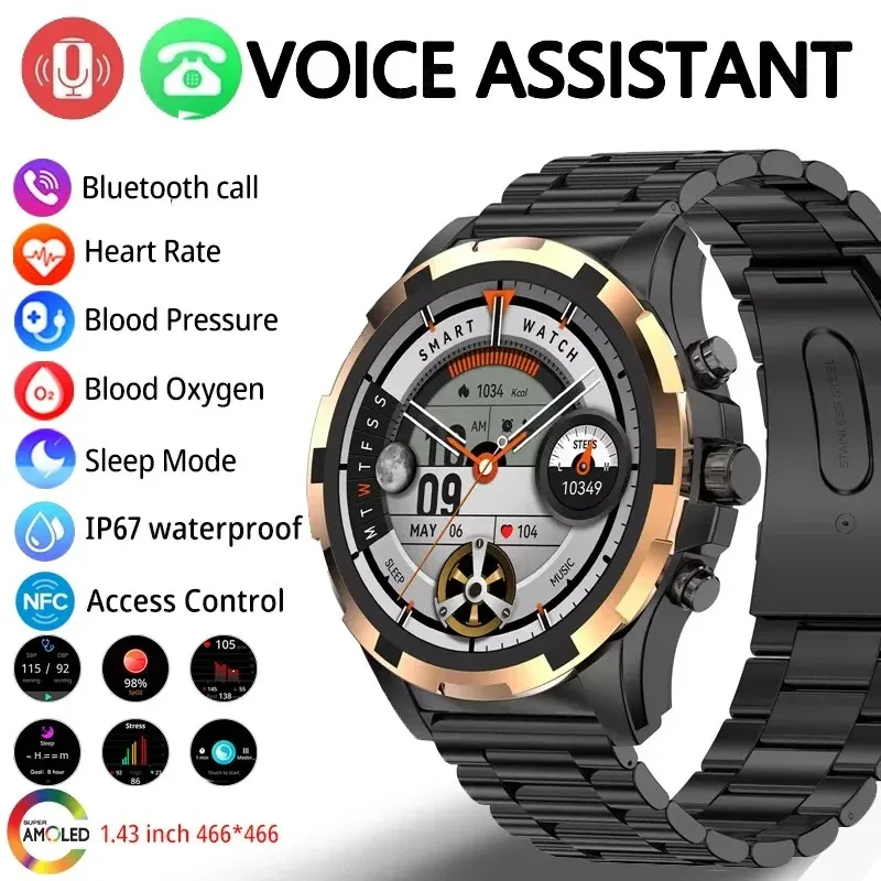 

2024 Men Smart Watch Bluetooth Call Voice Assistant AMOLED Always-on Screen NFC Smartwatch Sport Fitness Tracker For Android IOS