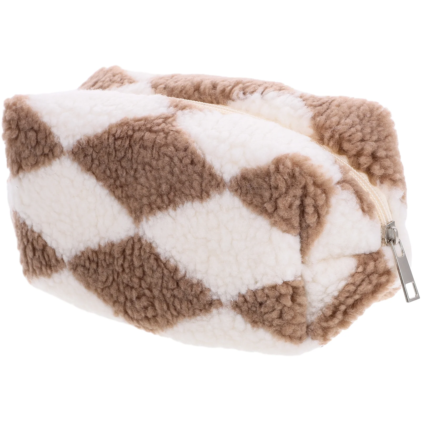 Cute Fluffy Checkered Maquiagem Bolsa para Mulheres, Plush Purse, Cosmetic Bag, Travel Toiletry Bag, Bolsa de armazenamento, Bolsas