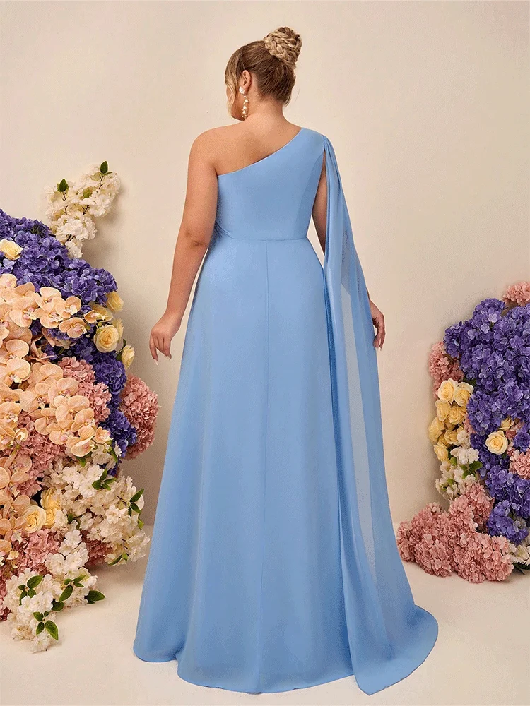 Plus Size One Shoulder Water Blue Chiffon Applique Banquet Evening Dress Luxury Wedding Banquet Floor-Length Evening Dress image 6