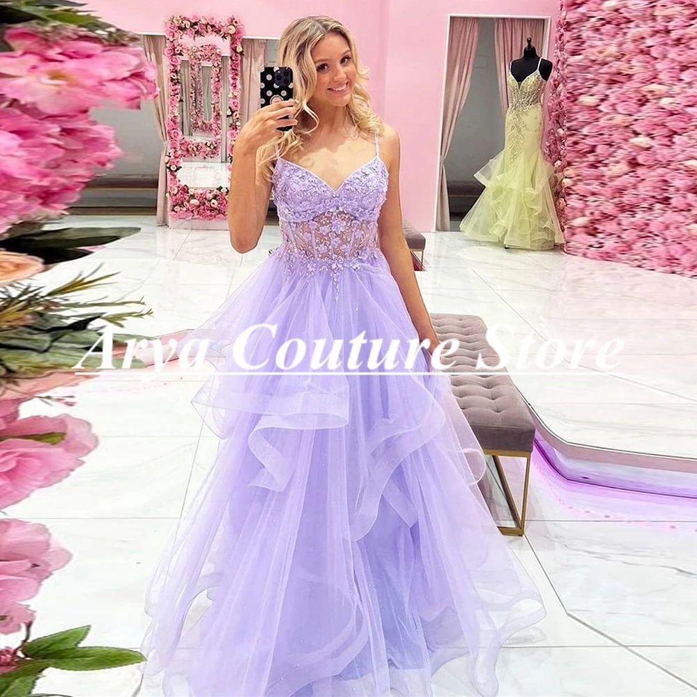 Elegant Lavender Prom Dress Spaghetti Strap V-Neck Appliques Tulle Princess Gown Backless Lace Up A-Line Evening Dress Robes