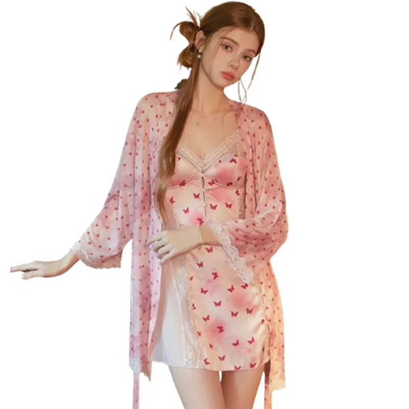 

Silky Satin Lace Push-up Padded Lingerie Set With Hollow-out Butterfly Printed And Open-back Nightgown Robe Dress Charming QE0H