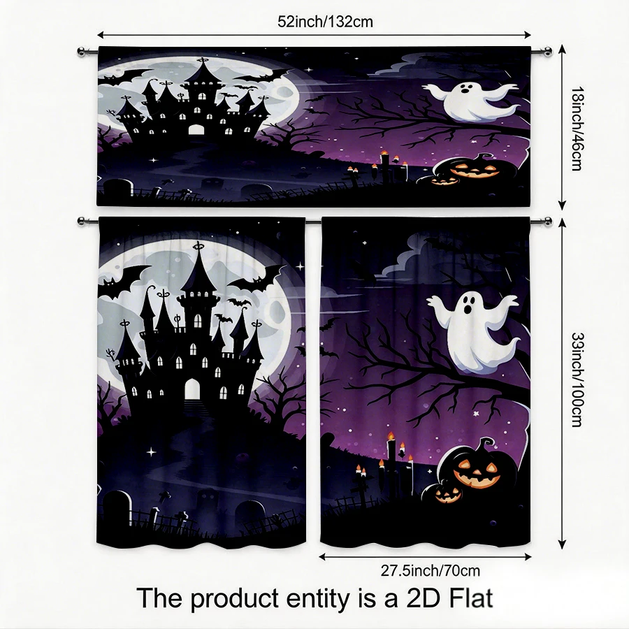 Halloween Fall Kitchen Curtains, Haunted Castle Pumpkin, Digital Print, Kitchen Dining Room, Rod Pocket Polyester, Home Decor