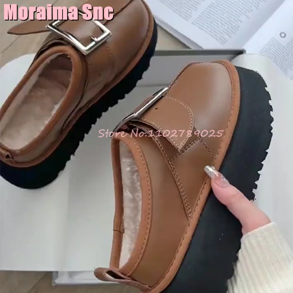 Belt Buckle Thick-Soled Half Slippers Round Toe Suede Leather Flat with Women Autumn Winter Cotton Slippers Warm Fashion Brown