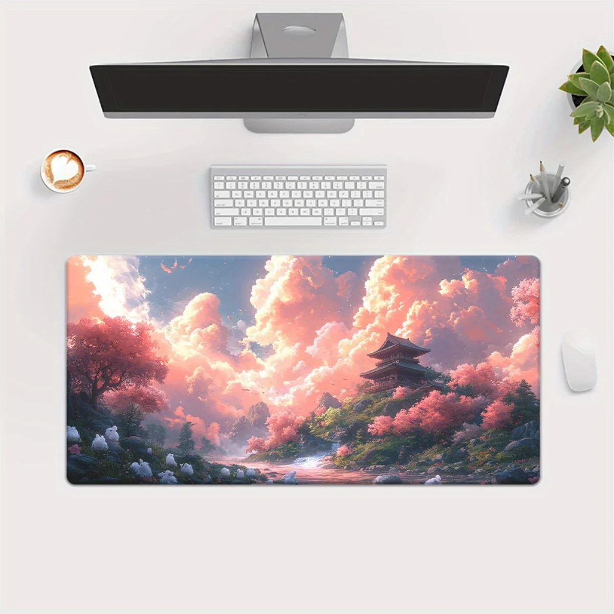 1 pezzo di paesaggio con nuvole rosa e montagne Tappetino stampato HD per scrivania, tappetino per mouse XXL multifunzionale, tappetini per mouse da gioco con tastiera,