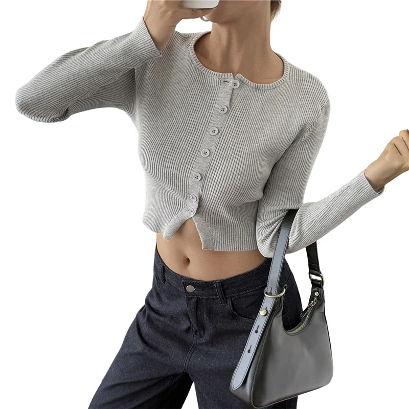 Tops de manga larga para mujer, cárdigan de otoño, camisa recortada, cuello de botón acanalado, moda bonita