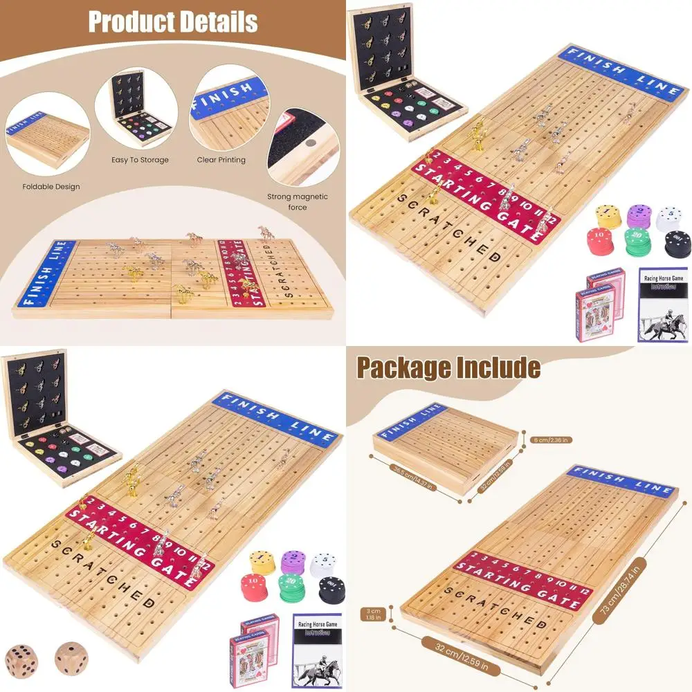 

Adult-Sized 28 Collapsible Horse Racing Game with 11 Metal Horses, 60 Chips, 2 Dice, Card Sets