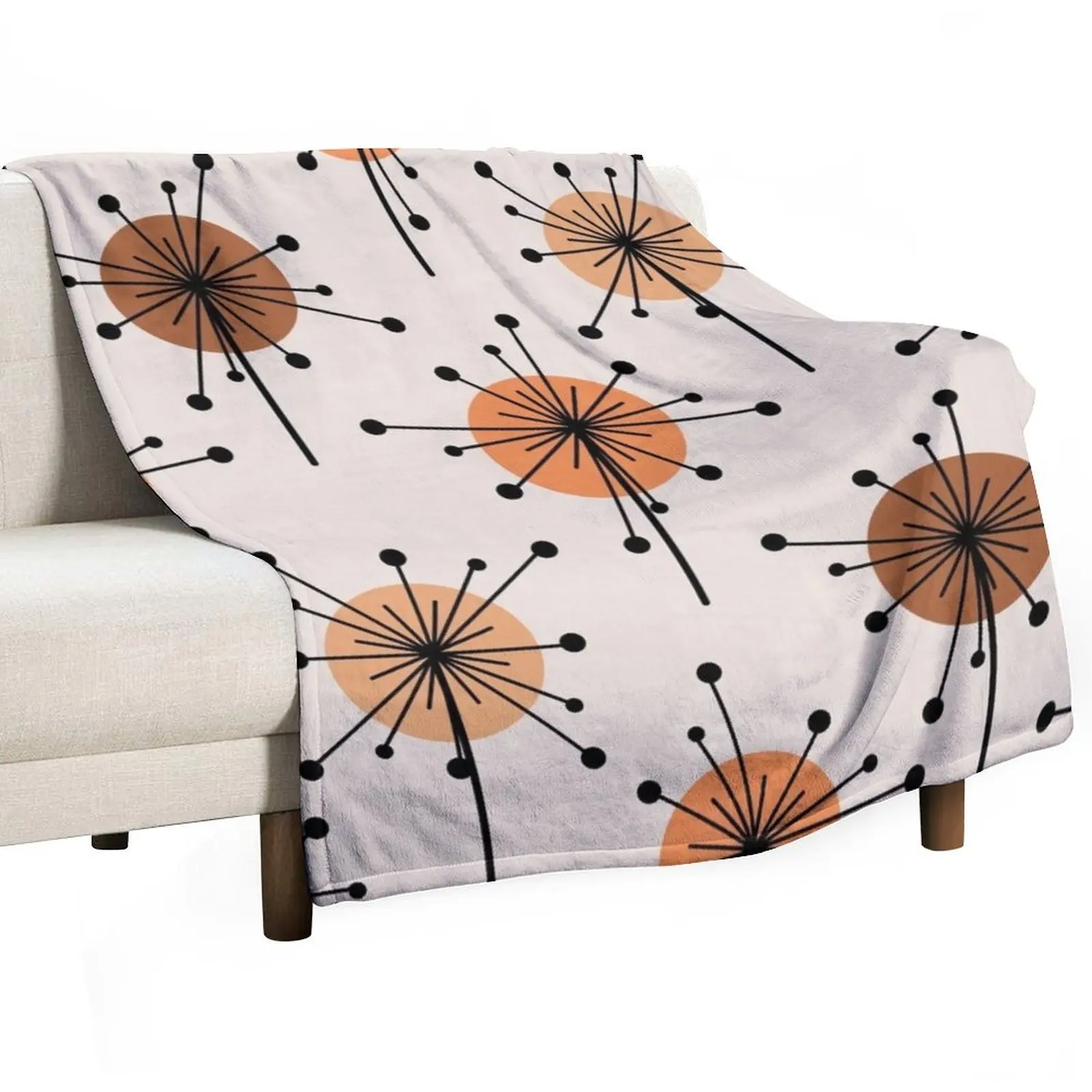 

Atomic Era Sputnik Starburst Flowers Orange Tan Throw Blanket Soft Home Decor Blanket for Couch Bedroom