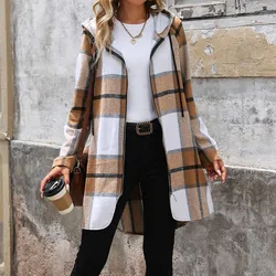 Women's Retro Classic Plaid Long Jacket, Hooded Warm Coat, Loose Checkered Shirt Jackets, Button, Autumn, Winter, New, 2024