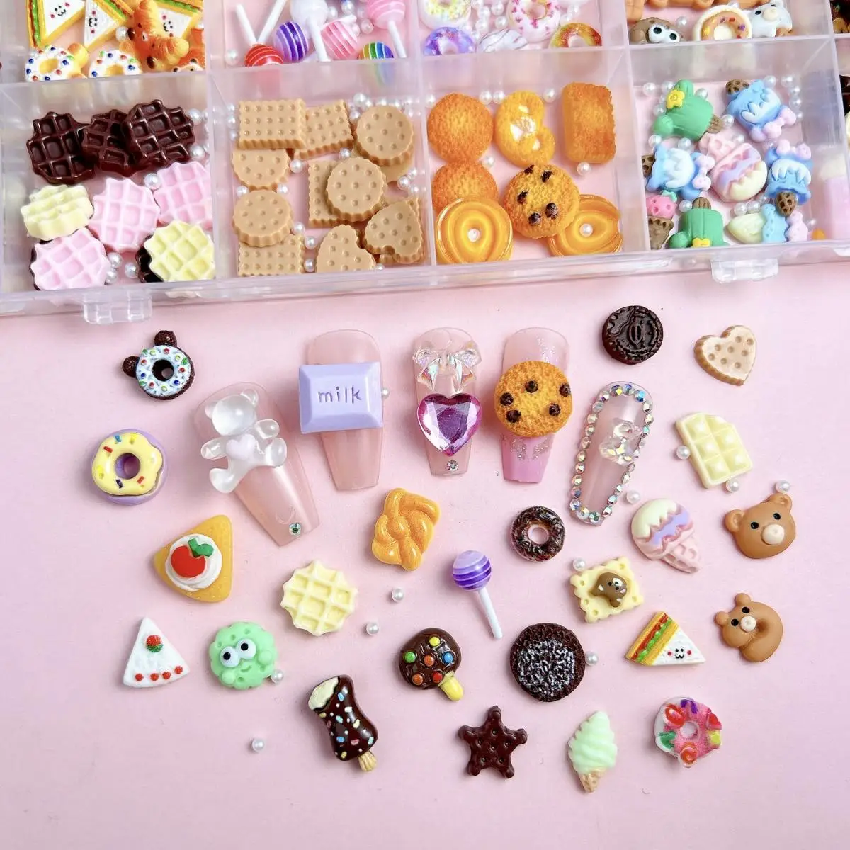 1 caixa de resina simulada biscoitos doces chocolate encantos do prego 3d dos desenhos animados donut bolo sorvete decorações da arte do prego para manicure diy